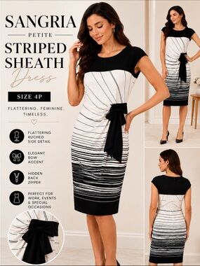 Signature by Sangria Black and White Striped Midi Sheath Dress with Side Bow